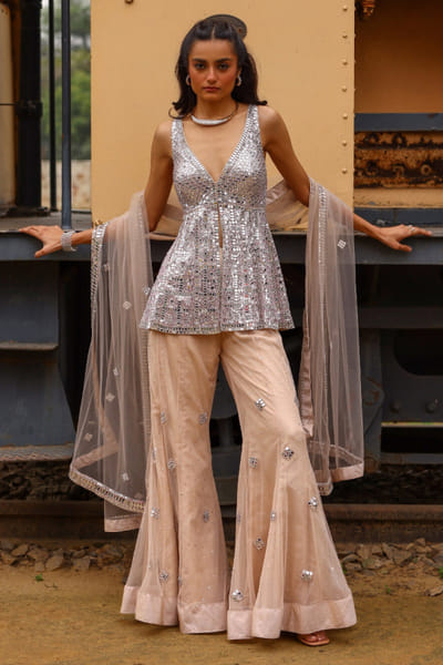Sabe Peach silver mirror-zari peplum-sharara set SABMAY25D127645