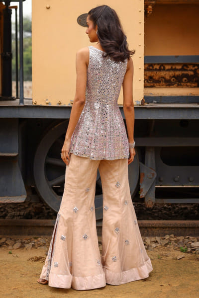 Sabe Peach silver mirror-zari peplum-sharara set SABMAY25D127645