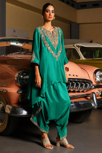 Green zari and sequin tunic-harem pant set