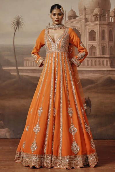 Rust zari embroidered anarkali set