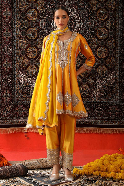 Yellow mirror and gota patti peplum kurta set