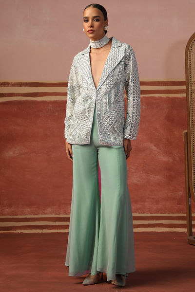 Teal blue pearl and sequinned blazer set
