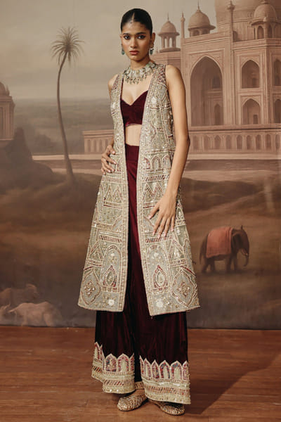 Wine embroidered palazzo set