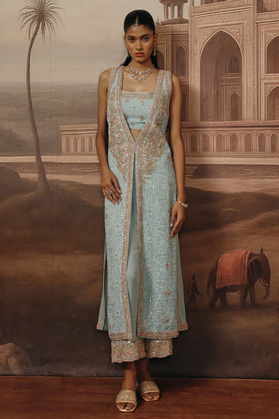 Powder blue zari embroidered kurta set