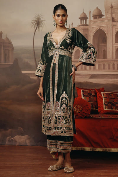 Sage green zari embroidered kurta set
