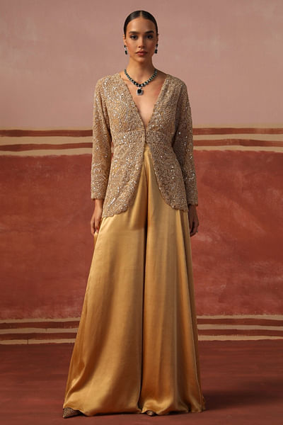 Champagne gold sequin-bead jacket sharara set