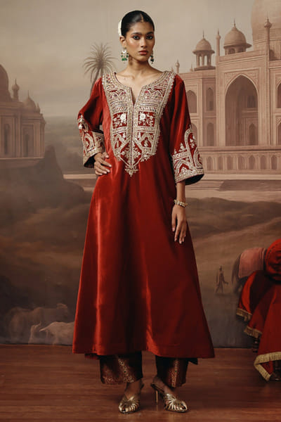 Rust sequin embroidered kurta set