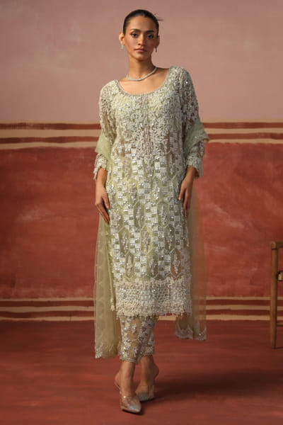 Sage green pearl-sequin embroidered kurta set