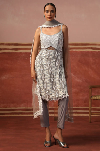 Grey jaal embroidered and cutwork kurta set