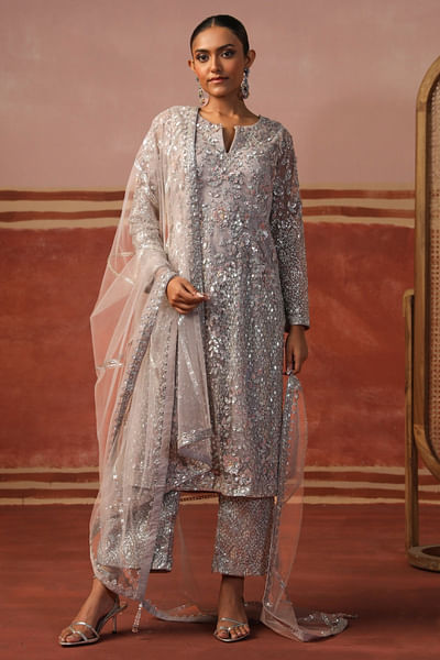 Grey sequin and stone embellished kurta set