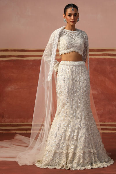 Ivory 3D pearl-sequin fishcut lehenga set