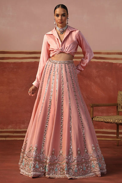 Soft pink mirror-bead embroidered lehenga set