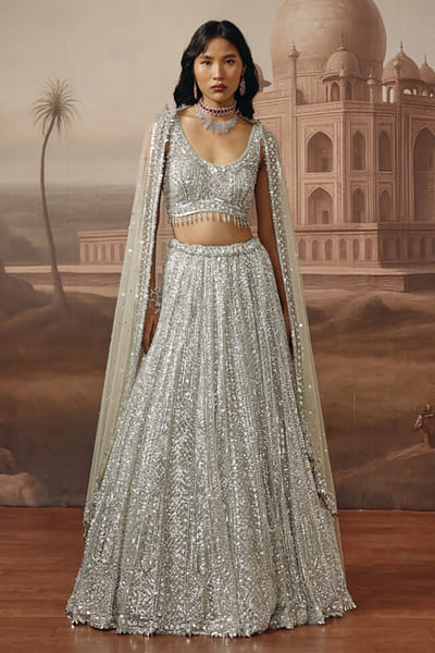 Greenish grey sequin embroidered lehenga set