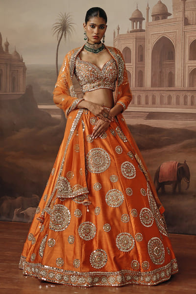 Rust zari embroidered lehenga set