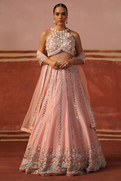 Pink mirror and bead embellished lehenga set