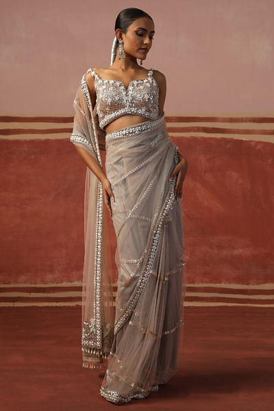 Grey mirror and sequin embroidered sari set