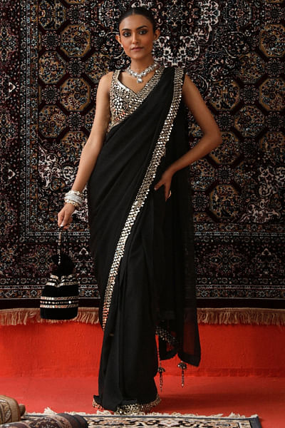 Black mirror and zari embroidered sari set