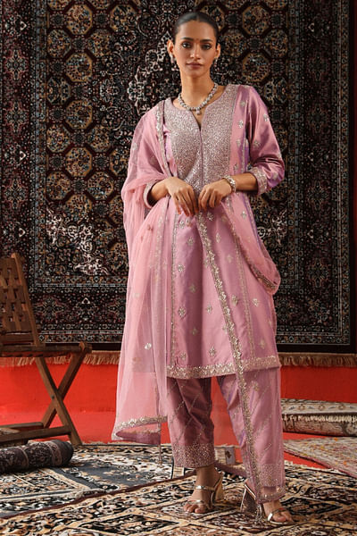 Mauve gota patti-zardozi embroidered kurta set