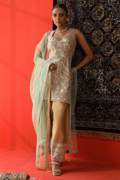 Caramel brown gota patti-mirror silk kurta set