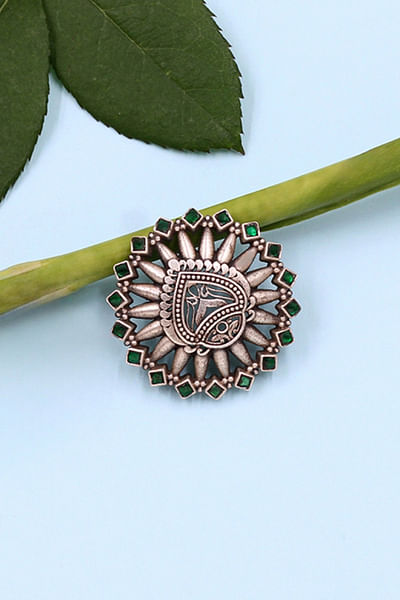Green kundan silver ring