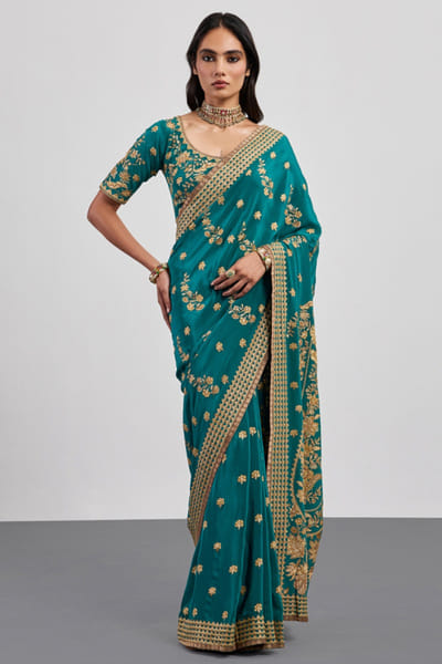 Ri Ritu Kumar Emerald and beige floral embroidered sari RIRIAUG26D251839