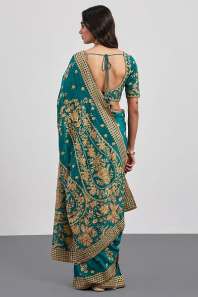 Ri Ritu Kumar Emerald and beige floral embroidered sari RIRIAUG26D251839