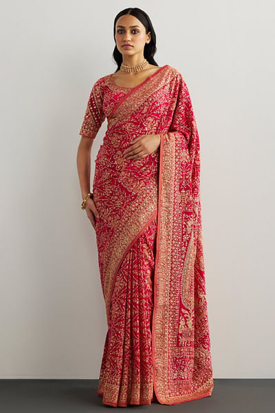 Fuchsia embroidered sari set