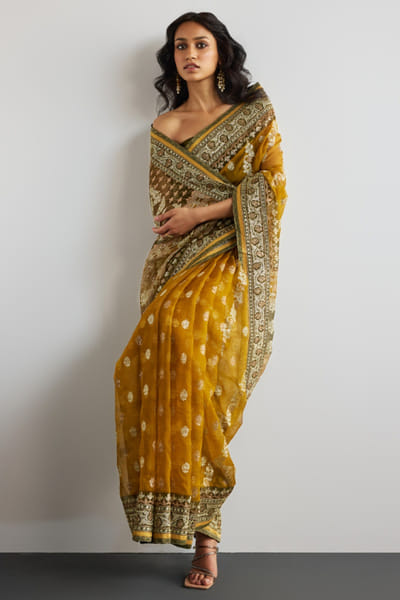 Ri Ritu Kumar Mustard aari-tikki embroidered jamdani sari RIRIMAY26D145565