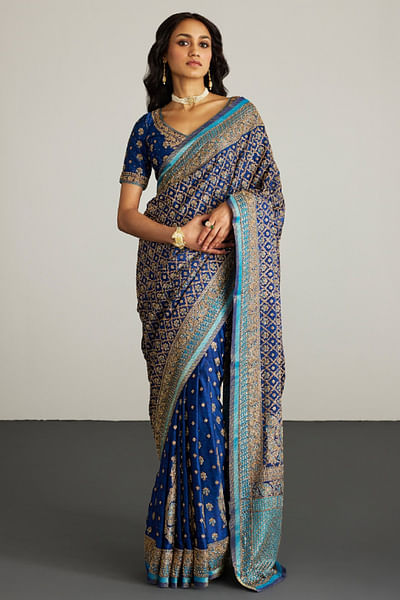 Royal blue zari embroidered sari set