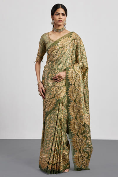 Ri Ritu Kumar Khaki and beige printed embroidered sari RIRIAUG26D251852