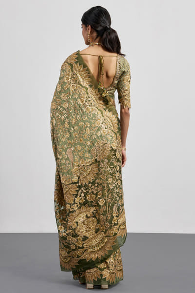 Ri Ritu Kumar Khaki and beige printed embroidered sari RIRIAUG26D251852