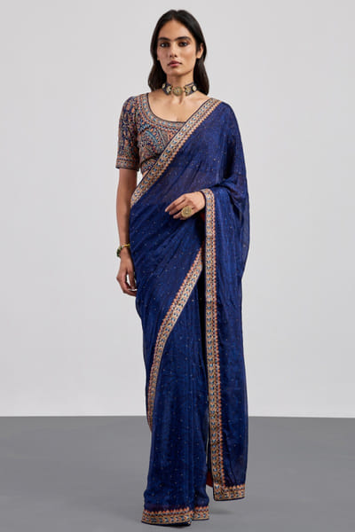 Ri Ritu Kumar Blue jamawar print embroidered sari RIRIAUG26D251854
