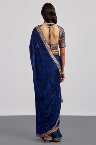 Ri Ritu Kumar Blue jamawar print embroidered sari RIRIAUG26D251854