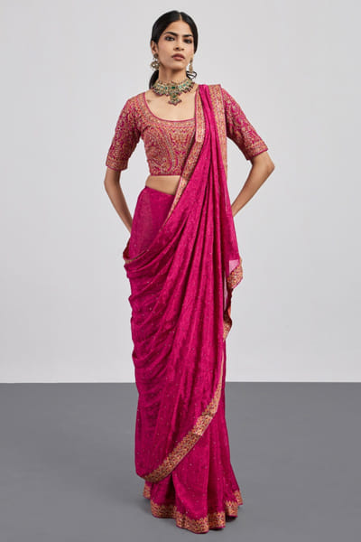 Ri Ritu Kumar Fuchsia jamawar print embroidered border sari RIRIAUG26D151791