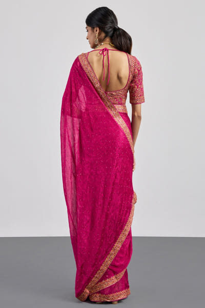 Ri Ritu Kumar Fuchsia jamawar print embroidered border sari RIRIAUG26D151791