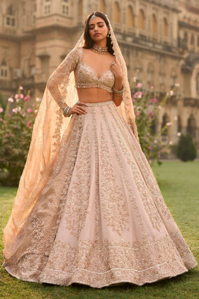 Rose gold crystal embellished lehenga set