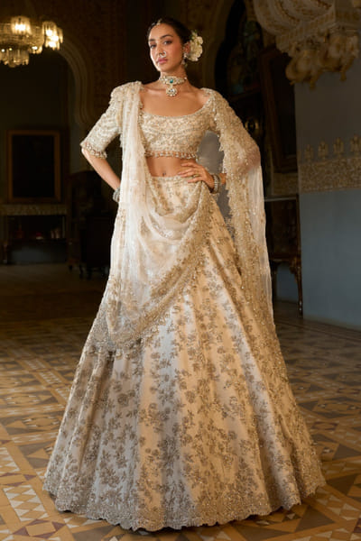 Beige pearl embroidered lehenga set