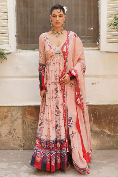 Aditi Gupta Pink floral print embroidered anarkali ADITJUL26D149544