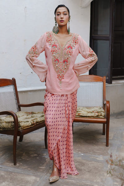 Aditi Gupta Pink printed embroidered dhoti draped skirt set ADITJUL26D149546