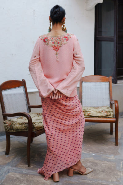 Aditi Gupta Pink printed embroidered dhoti draped skirt set ADITJUL26D149546