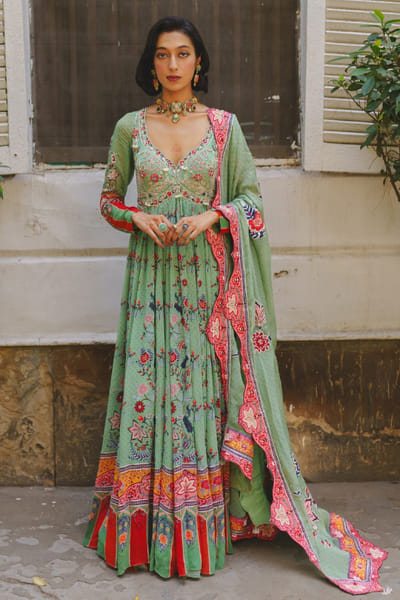 Aditi Gupta Green printed and embroidered anarkali ADITJUL26D149547