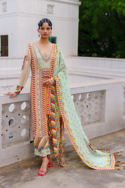 Aditi Gupta Green printed and hand embroidered kurta set ADITJUL26D149549