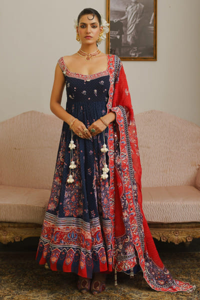 Aditi Gupta Blue printed hand embellished paisley anarkali ADITJUL26D149553