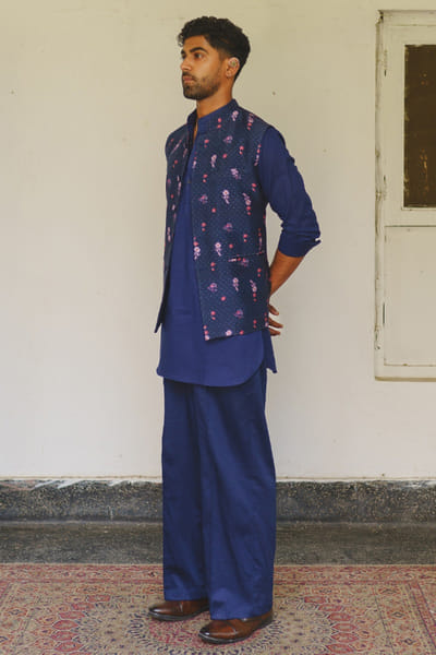 Aditi Gupta Navy floral and dot print Nehru jacket set ADITJUL26D149565