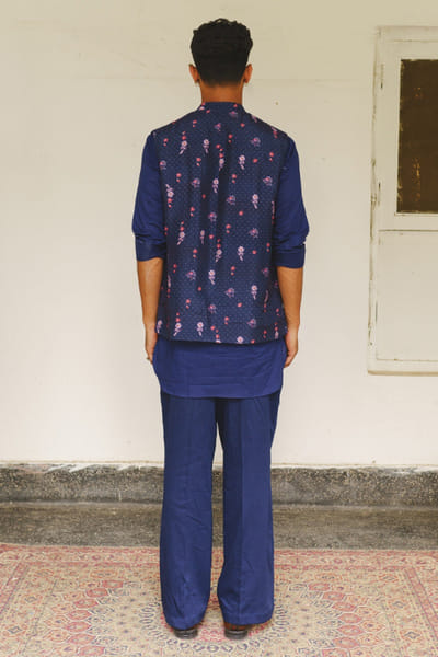 Aditi Gupta Navy floral and dot print Nehru jacket set ADITJUL26D149565