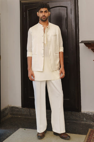 Aditi Gupta Ivory printed aari embroidered Nehru jacket set ADITJUL26D149566