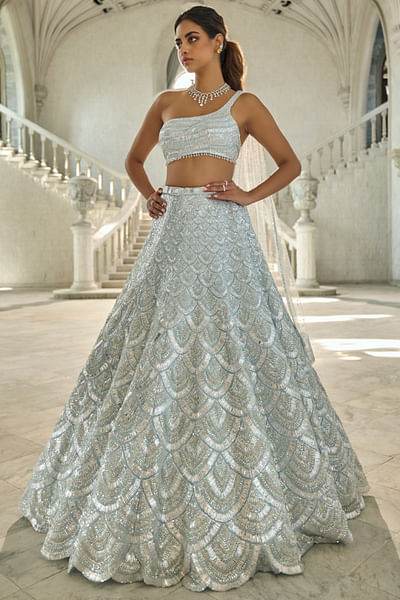 Powder blue scallop sequinned lehenga set