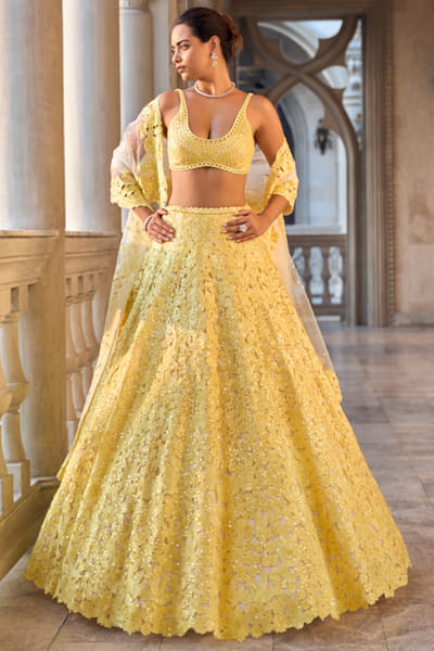 Yellow floral cutwork embroidered lehenga set