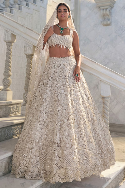 Ivory 3D floral cutwork embroidery lehenga set