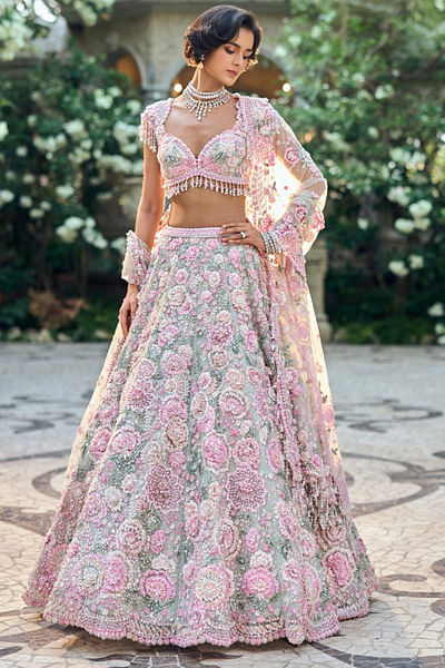 Multicolour 3D floral embroidered lehenga set